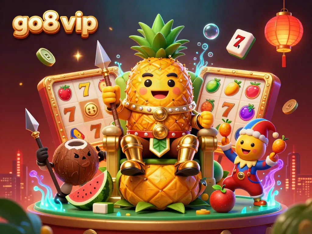 Engage with go8 vip in a vibrant casino scene featuring a golden pineapple king and dynamic slot reels.