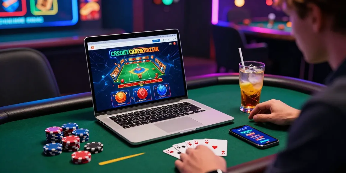 Engaging scene of a player at https://ibn.org.uk online casino, illuminated by colorful lighting, showcasing gaming experience with cards, chips, and a laptop.