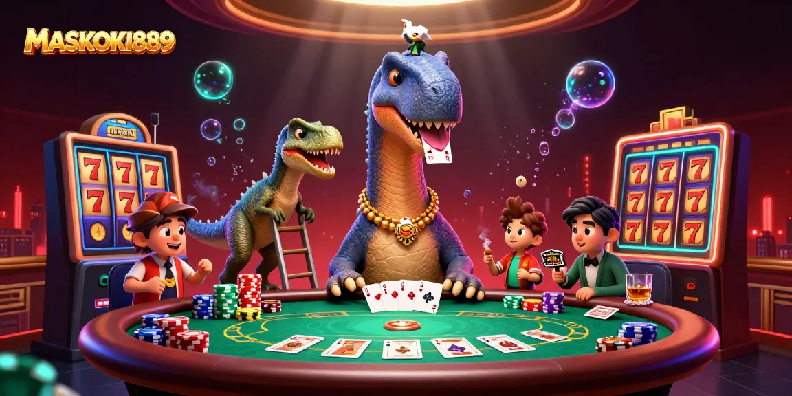 Engage with MASKOKI889's vibrant casino scene featuring a brontosaurus and dynamic slot elements
