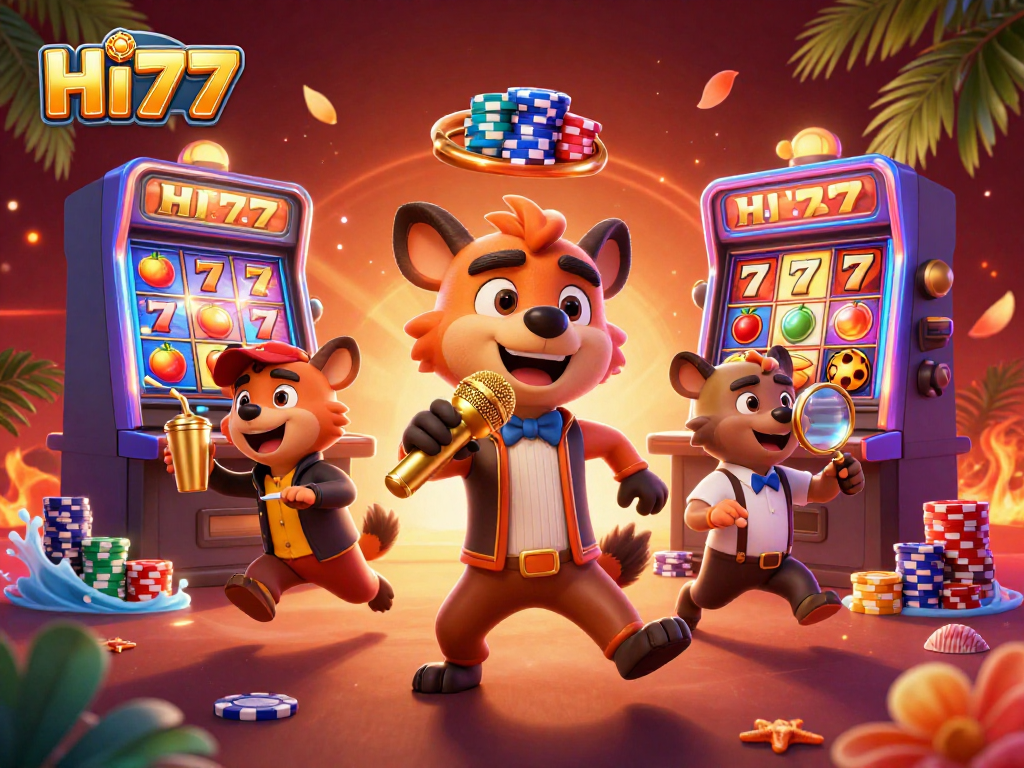 Experience the excitement of HI77 with lively hyenas in a vibrant casino scene.