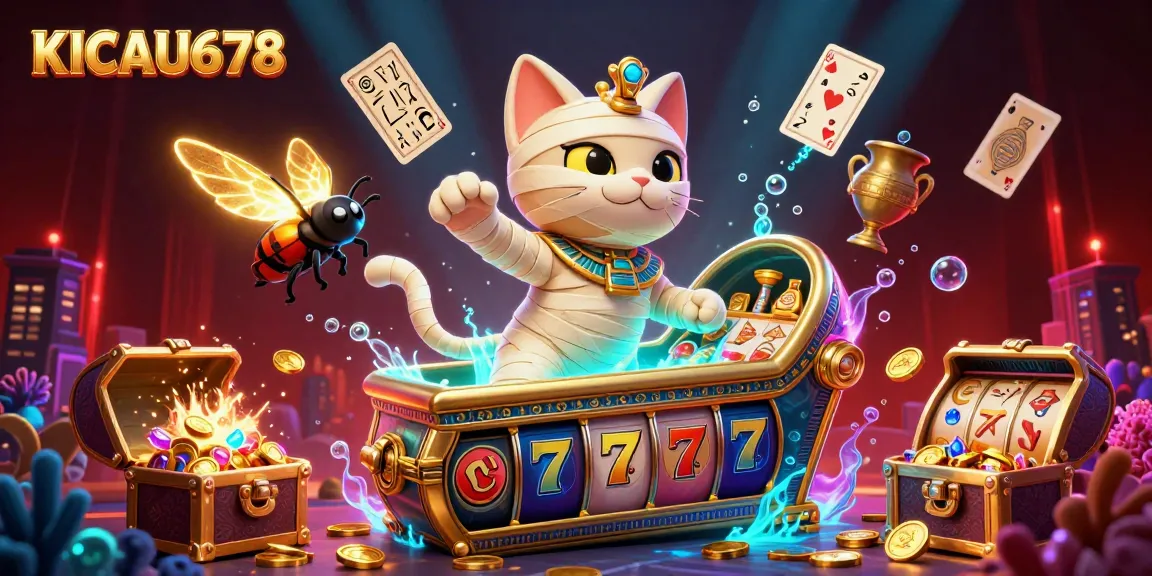KICAU678 engages players with dynamic casino fun featuring a cartoon mummy cat and jackpot symbols.