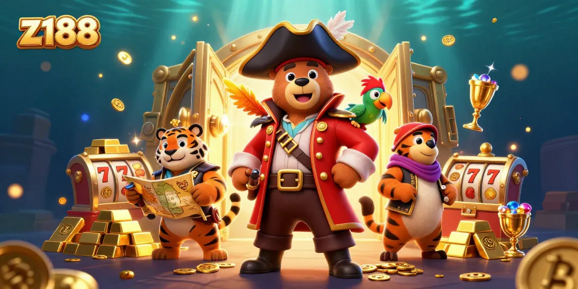Engage in thrilling z188 slot gaming with treasure-themed characters in an animated casino scene.