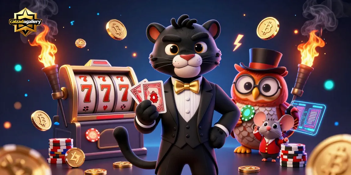 Engage with the excitement of calzadagallery's vibrant casino scene featuring a stylish panther dealer surrounded by neon-lit gaming elements.