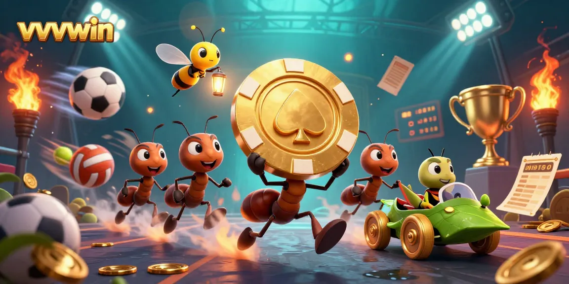 Bet on vvvwin while a team of cartoon ants carries a golden poker chip in a dramatic 3D scene.