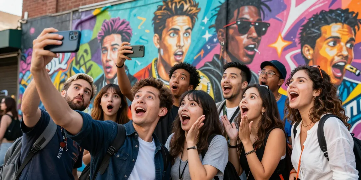People enjoying a day out discovering celebrities that look alike in front of a vibrant urban mural.