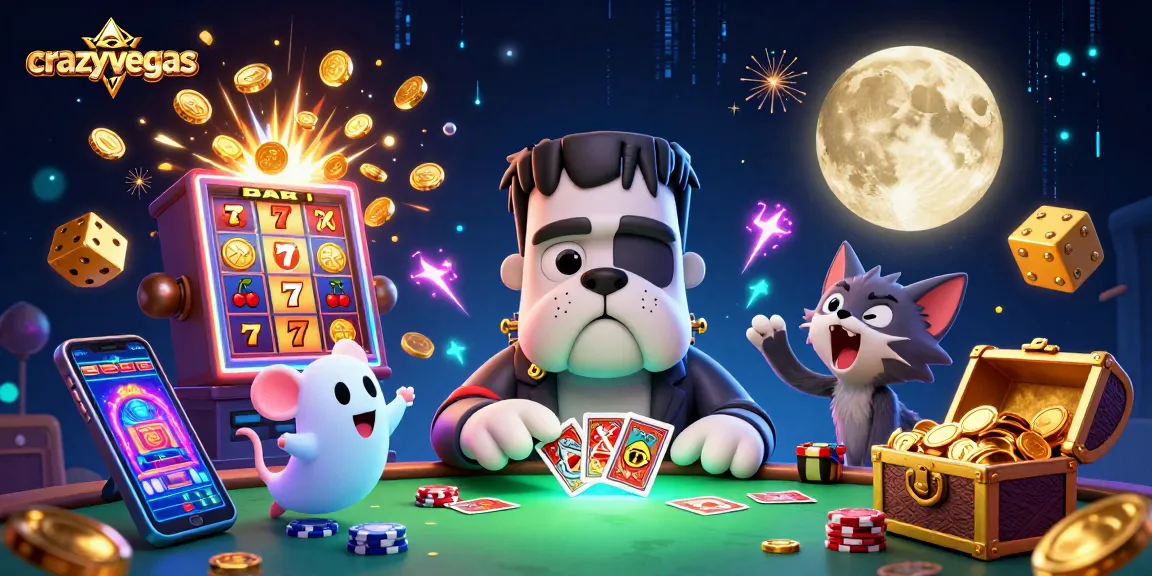 Experience thrilling gameplay at crazyvegas with a 3D bulldog dealer and ghostly mouse among vibrant casino elements.