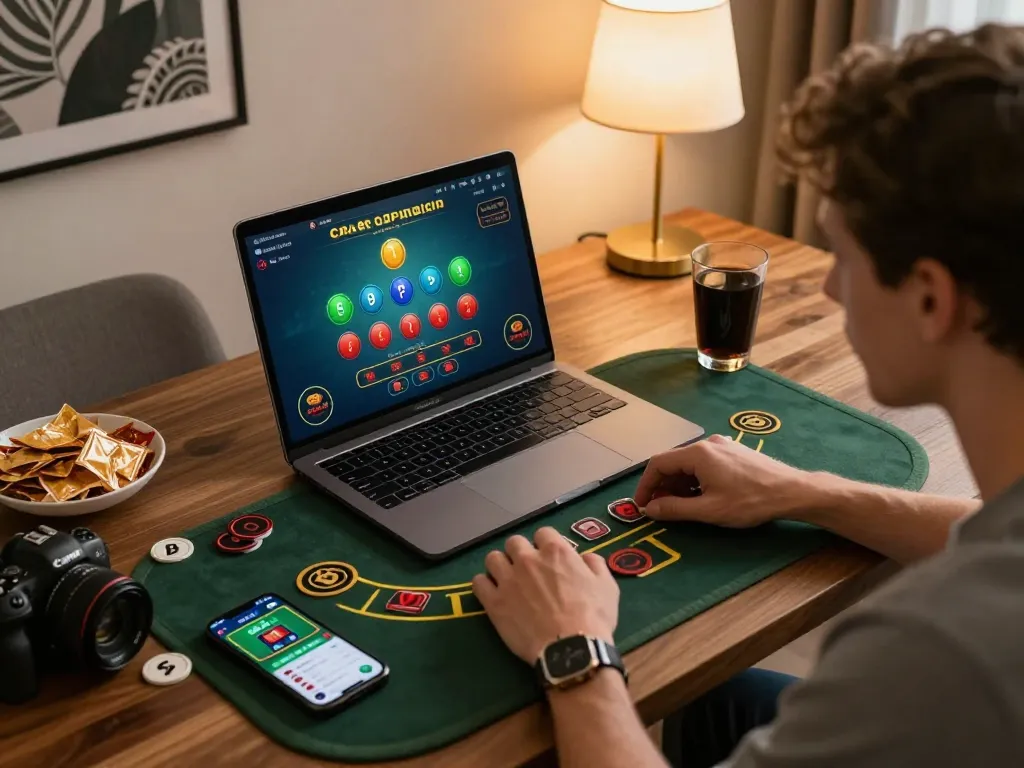 Engaging online blackjack strategy session on 98win with home decor and laptop gameplay