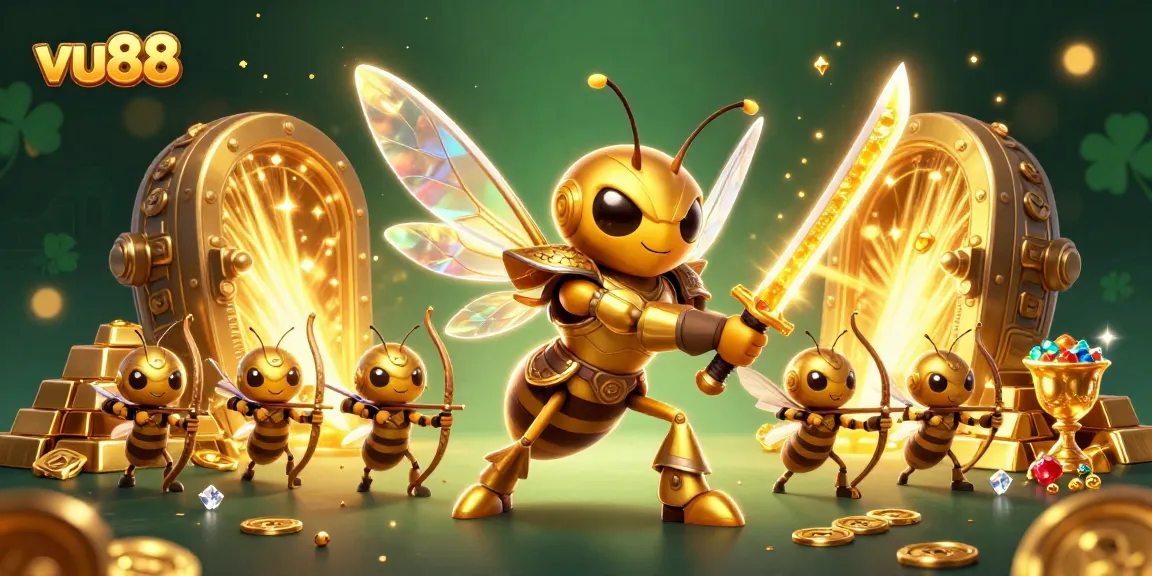 Experience thrilling gameplay at vu88 with a vibrant scene of a golden hornet in action amidst treasure.