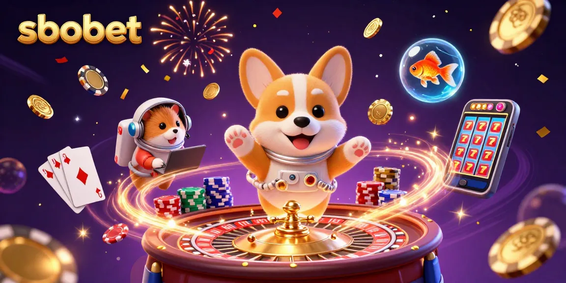 Engage with sbobet in this vibrant casino scene featuring a corgi astronaut, hamster, and goldfish.