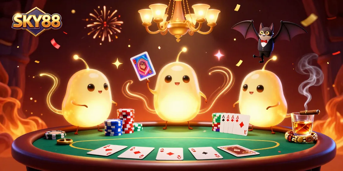 SKY88 casino scene featuring glowworms and a bat dealer illuminating a vibrant gambling atmosphere with poker chips.