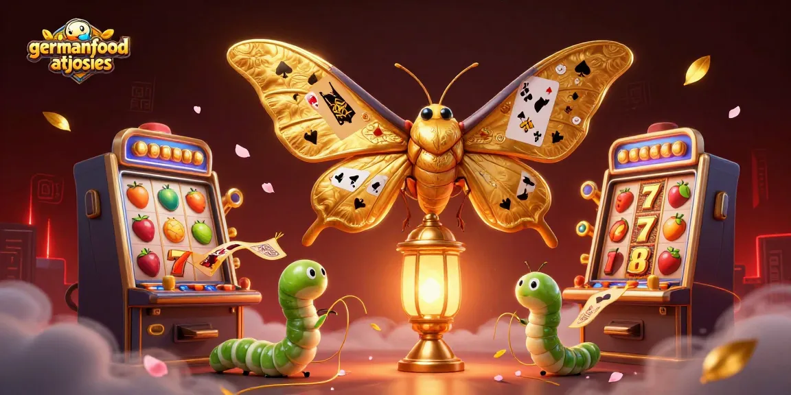 Experience excitement with germanfoodatjosies' vibrant casino scene featuring a golden atlas moth and slot machines.