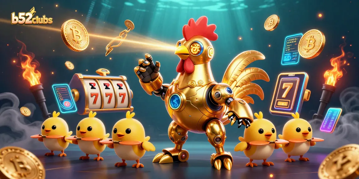 Engage with b52clubss in a vibrant, energetic casino scene featuring lively slot elements and futuristic characters.