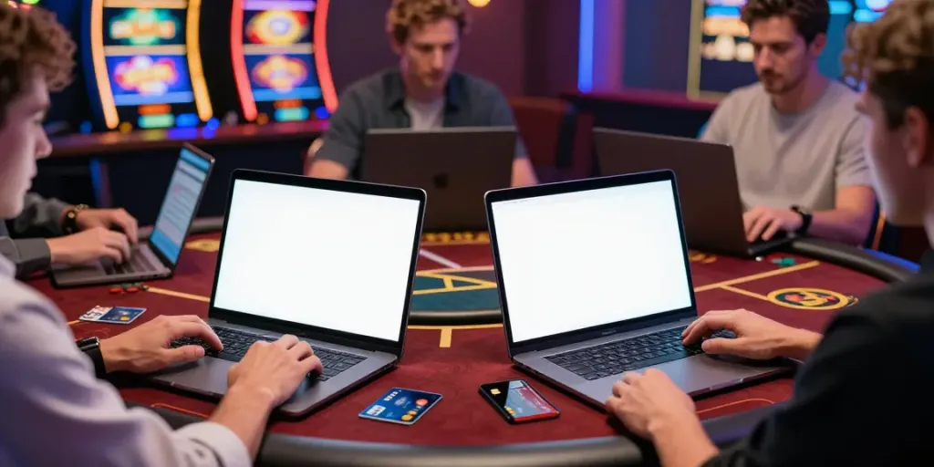 Engaged players enjoying games at casinos that take credit cards on various devices, highlighting vibrant graphics and seamless payment.