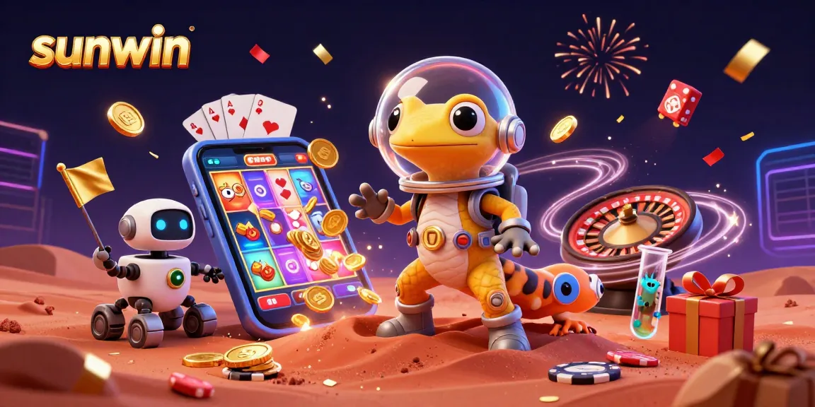 Experience thrilling games with sunwin as alien characters celebrate amidst colorful casino elements.