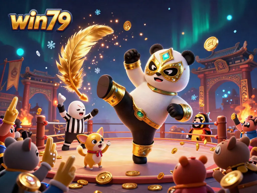 Experience the excitement of win79 with a dynamic 3D illustration of a wrestling panda showcasing a thrilling casino theme.