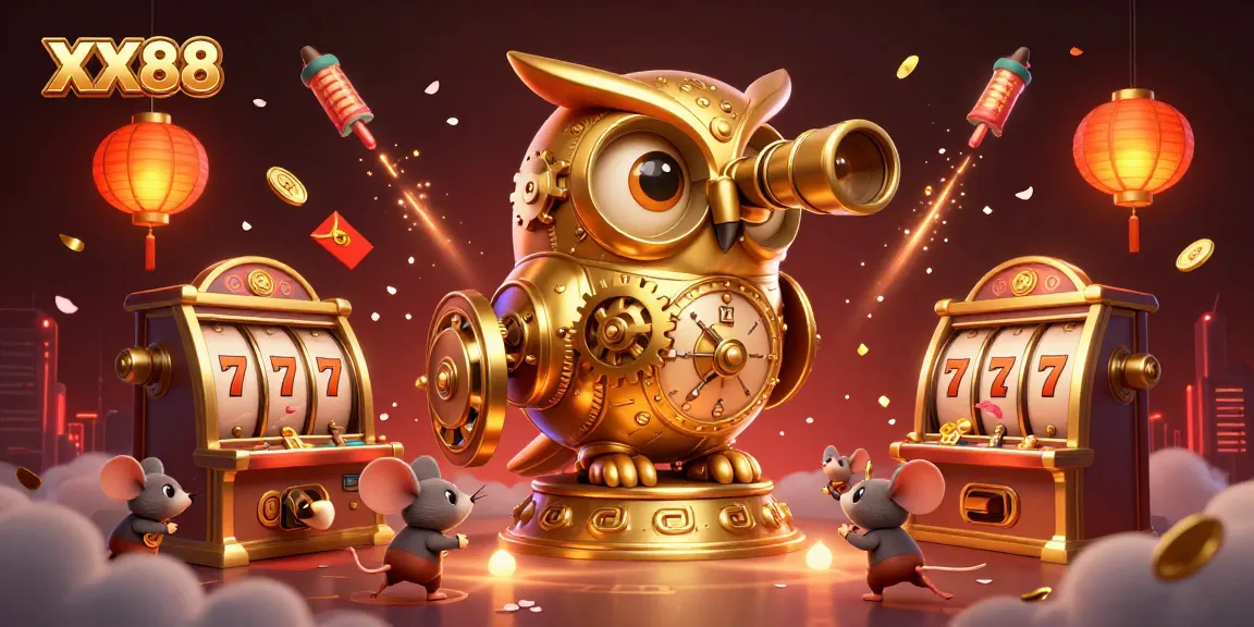 Engage in thrilling gameplay at XX88 with a vibrant, animated casino scene featuring unique characters and festive elements.