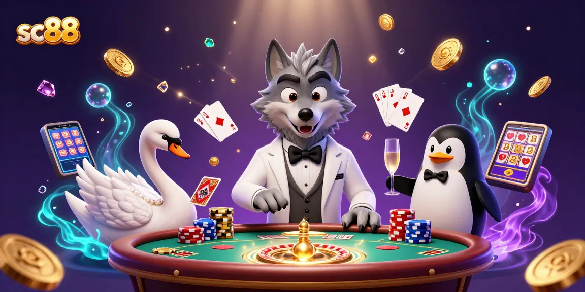 Engage in thrilling gameplay at sc88, where a wolf, swan, and penguin create a vibrant casino scene.