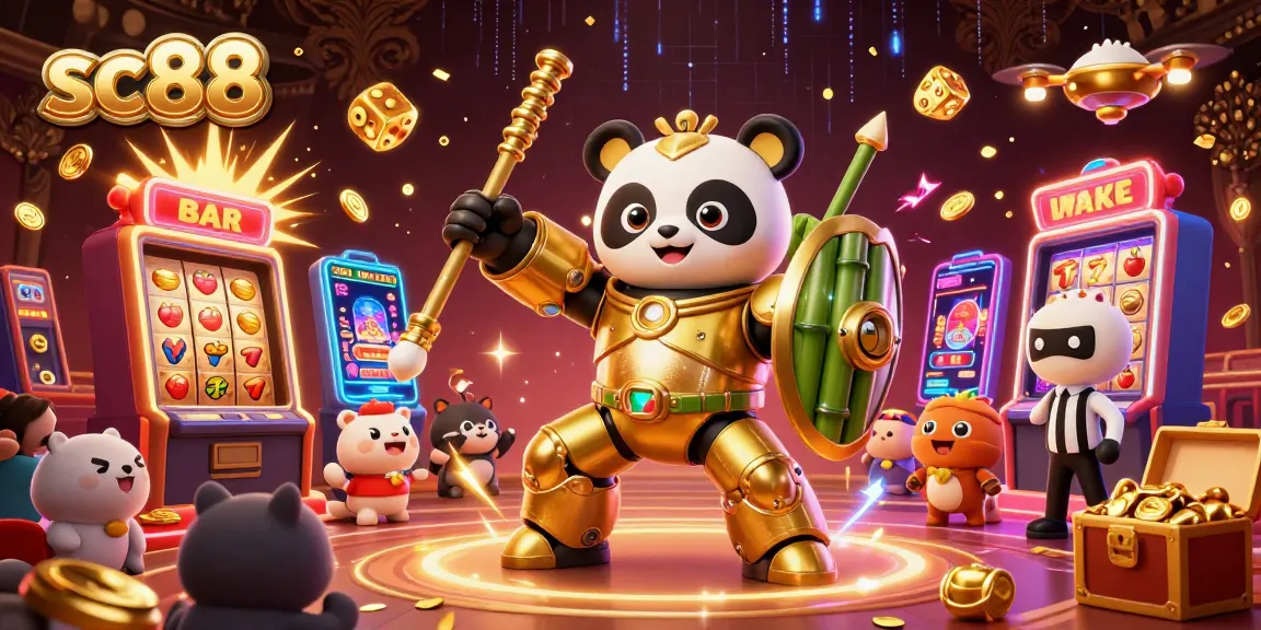 Engaging scene of sc88 gameplay showcasing golden panda in mech-suit with vibrant casino elements.