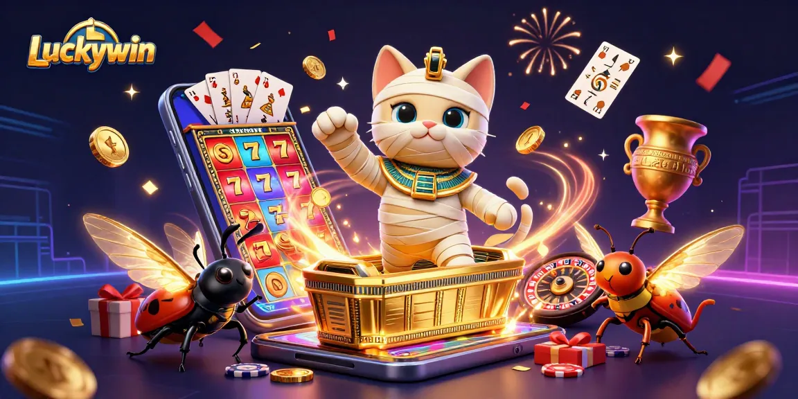 Experience Luckywin's vibrant action with a mummy cat bursting from a sarcophagus amidst casino excitement.