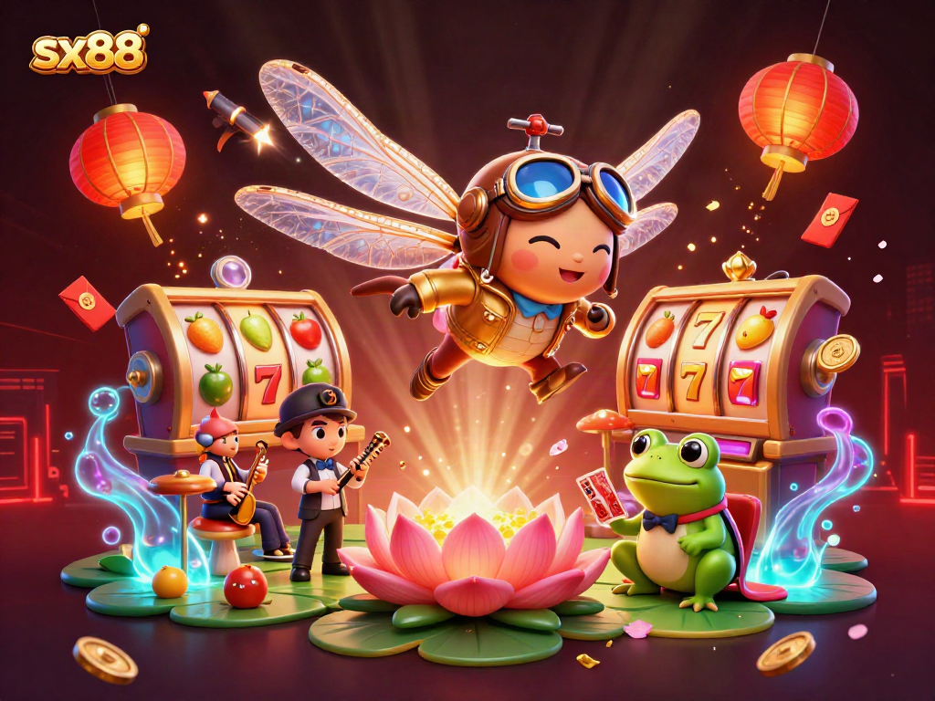 Engage with sx88 casino thrills as a dragonfly pilot and frog croupier bring luck and excitement.