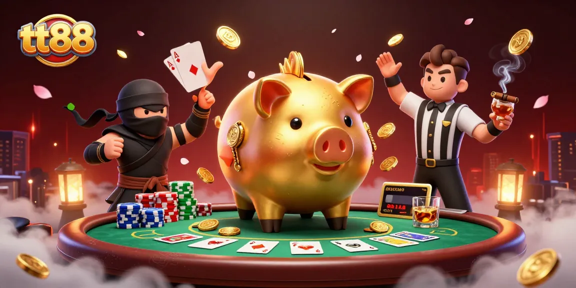 Experience thrilling casino action with tt88, featuring a sumo wrestler piggy bank surrounded by poker elements.