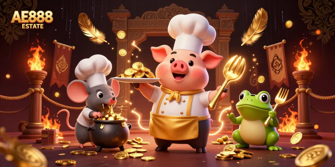 Engage in thrilling gameplay with AE888 ESTATE, featuring a 3D chef pig and thrilling gambling elements.