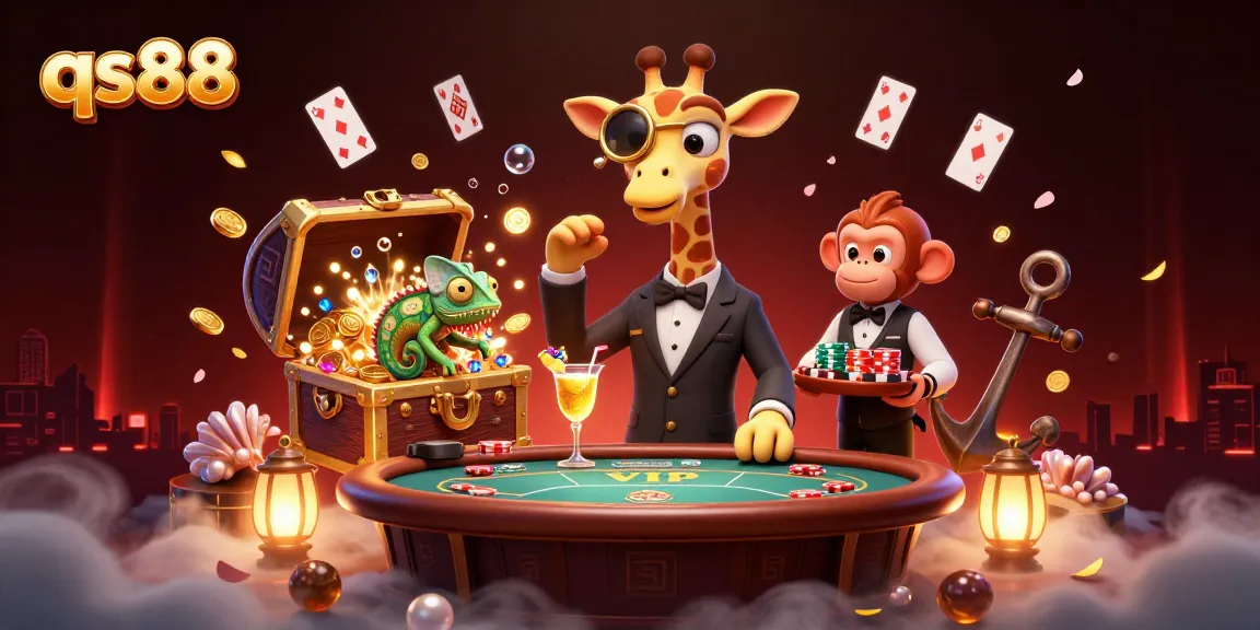 Experience high-stakes gaming with qs88's vibrant casino illustration featuring luxurious characters and lively elements.