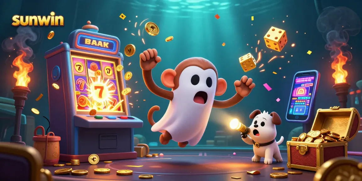 Experience the thrilling atmosphere at sunwin with a mischievous poltergeist monkey amidst a jackpot explosion in a lively casino.