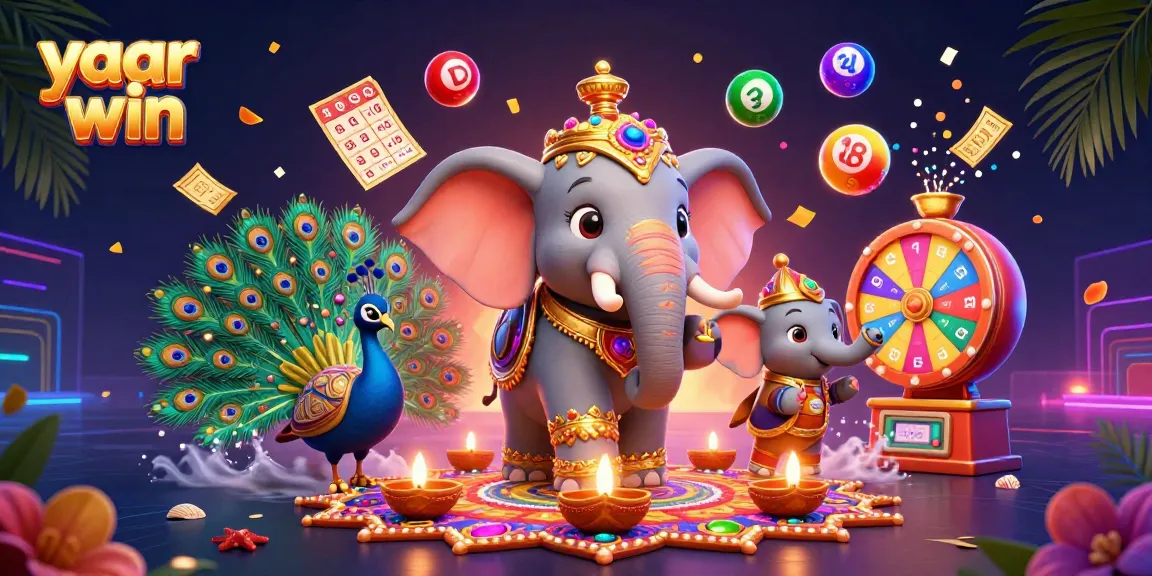 Feel the excitement with yaar win as colorful lottery elements and a Diwali-themed elephant fill the scene.