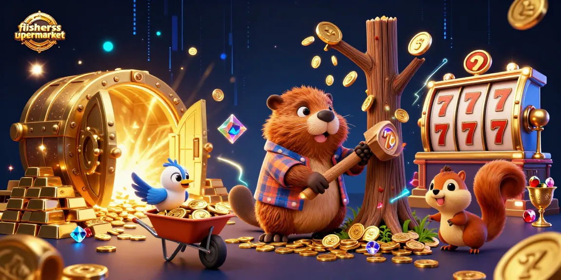 fishersupermarket offers a vibrant casino-themed illustration showcasing a beaver and friends engaging in a gold treasure hunt