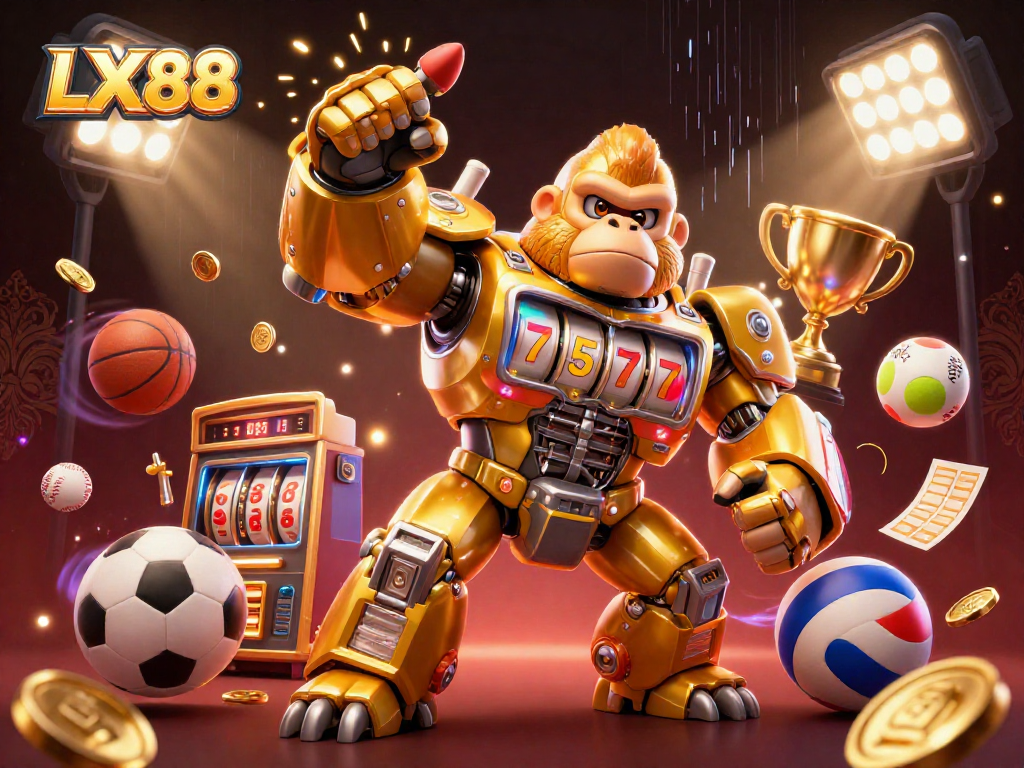 Experience thrilling gaming with LX88's golden gorilla mech punching upward amidst dynamic sports action.