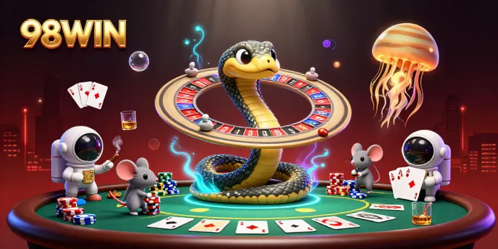 Experience the thrill at 98WIN with a cosmic casino scene featuring unique game elements.