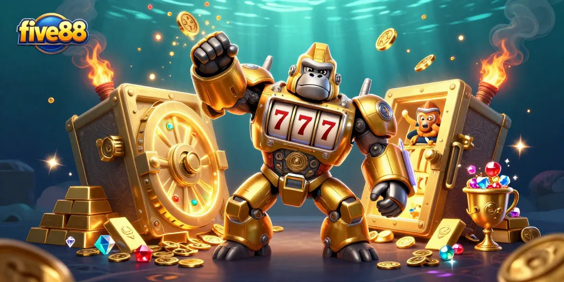 Experience five88's thrilling adventure with golden gorilla mech amidst riches in this vibrant 3D illustration.