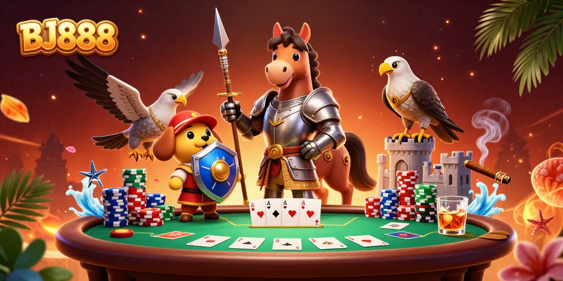 BJ888 players engaging in a thrilling poker game scene with knights and whimsical characters.