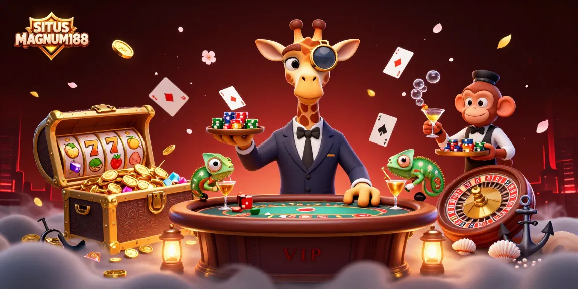SITUS MAGNUM188 showcases a high-roller giraffe and friends contributing to an engaging casino scene.