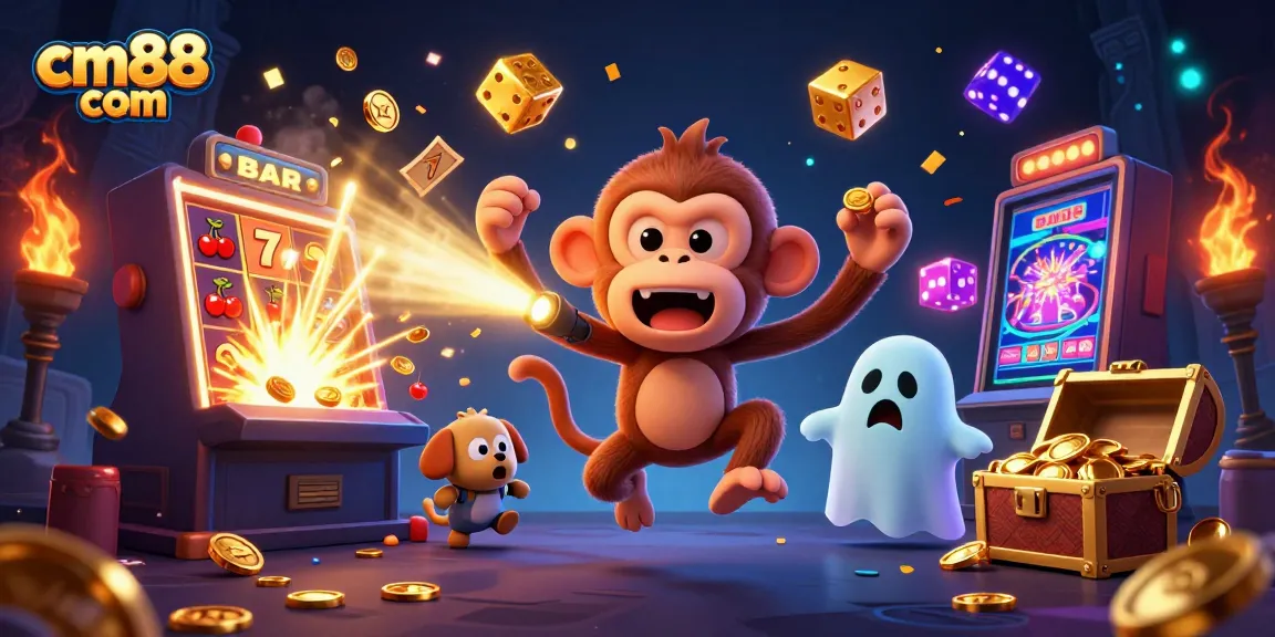 Experience the thrill of cm88 com with an interactive 3D casino scene featuring a playful ghost and a curious puppy.