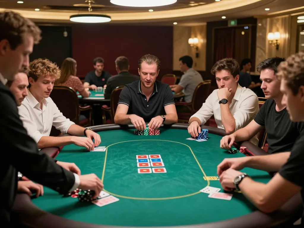 RR88 players engaged in strategic poker game at a luxury casino, showing chips and focused expressions.