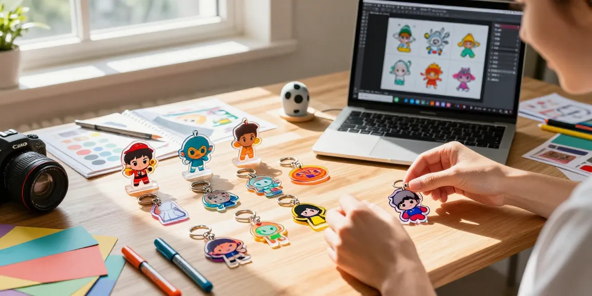 Vibrant acrylic keychains displayed on a designer's workspace, showcasing custom creations.