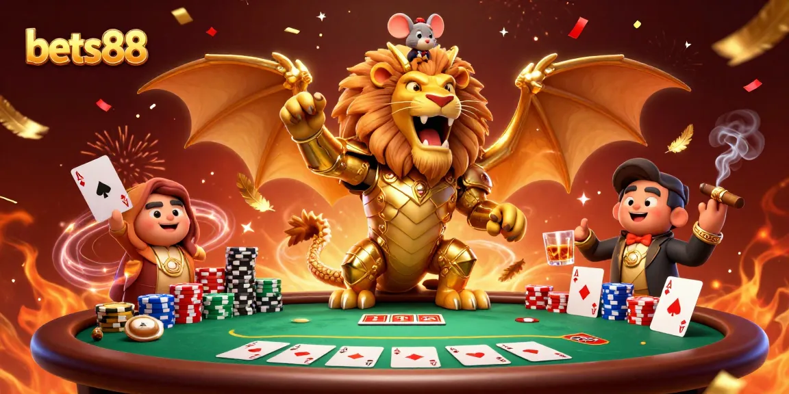 Bets88 players winning at a vibrant casino scene with golden chimera and poker elements.