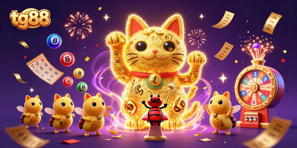 Win big at tg88 casino with a vibrant scene of a lucky cat and lottery elements!