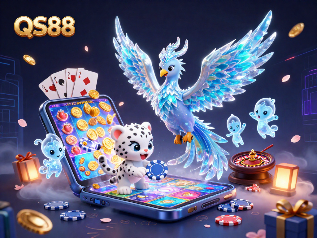 Experience the thrill of QS88 with captivating casino elements in a vibrant, magical scene.