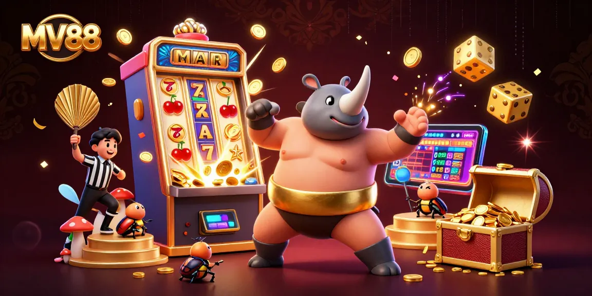 Experience thrilling jackpots with the MV88 sumo beetle champion amidst an exciting casino scene.