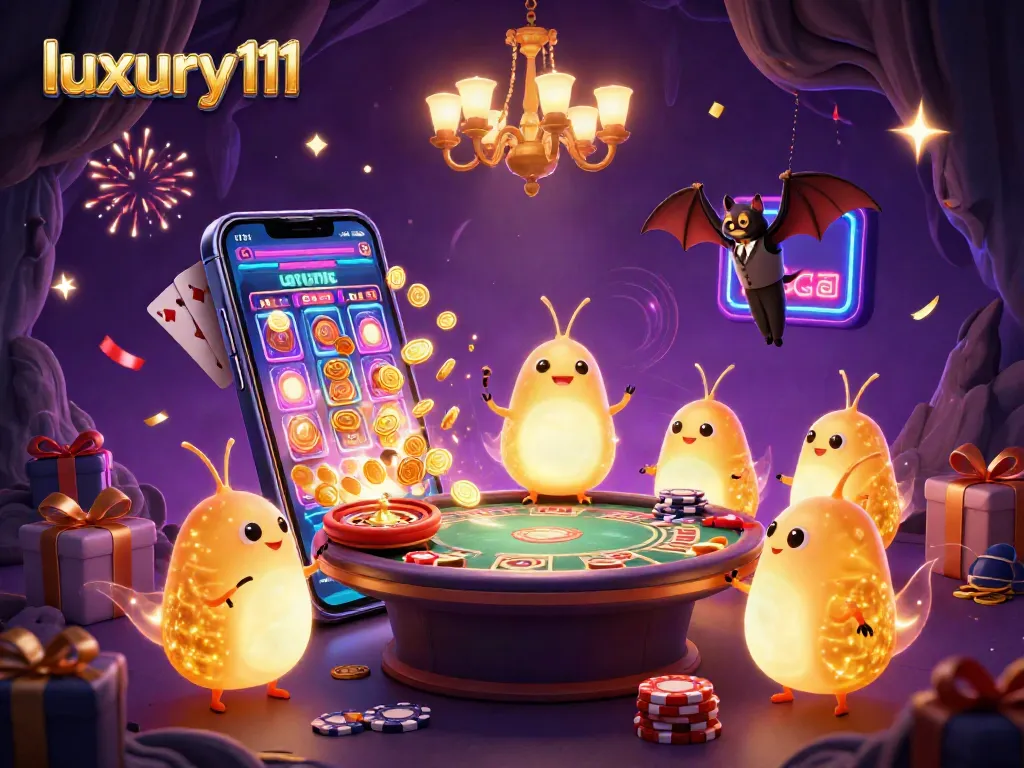 Engage with luxury111's vibrant casino scene featuring glowing glowworms and a charismatic bat dealer.
