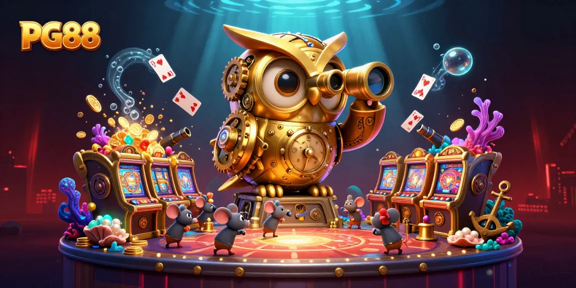 Engage in thrilling slots at PG88 as the golden owl oversees the captivating casino scene.