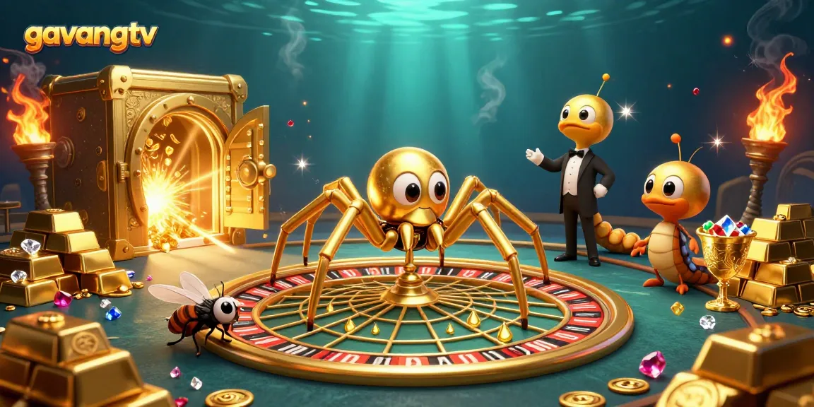 Gavangtv's thrilling 3D illustration featuring a golden spider spinning a roulette wheel web.