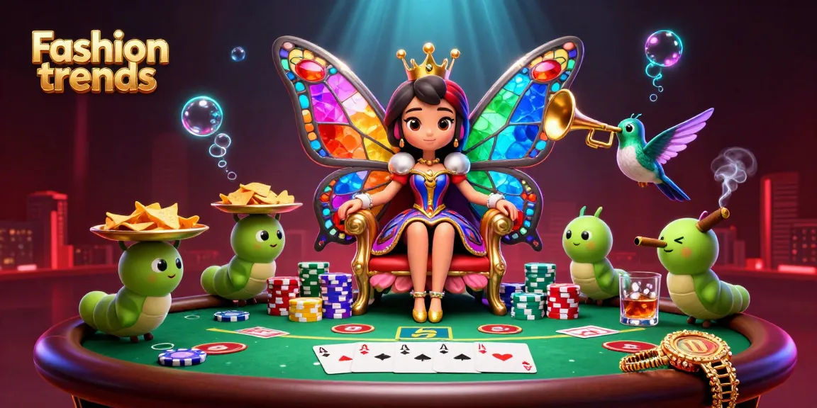 Experience the vibrant Fashion trends in this dynamic casino scene with a butterfly queen and poker action.