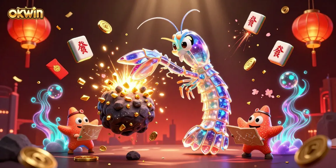 OKWIN presents a vibrant 3D illustration of a mantis shrimp breaking an asteroid with coins, showcasing dynamic casino elements.
