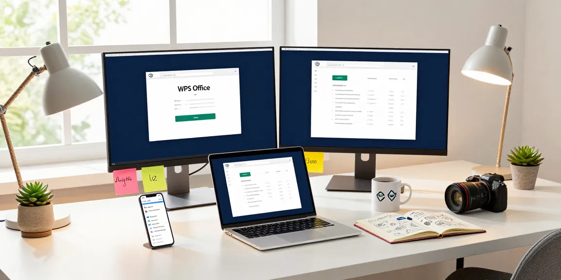 WPS Download process on a modern workspace laptop, featuring a dual-monitor setup and vibrant tech elements.