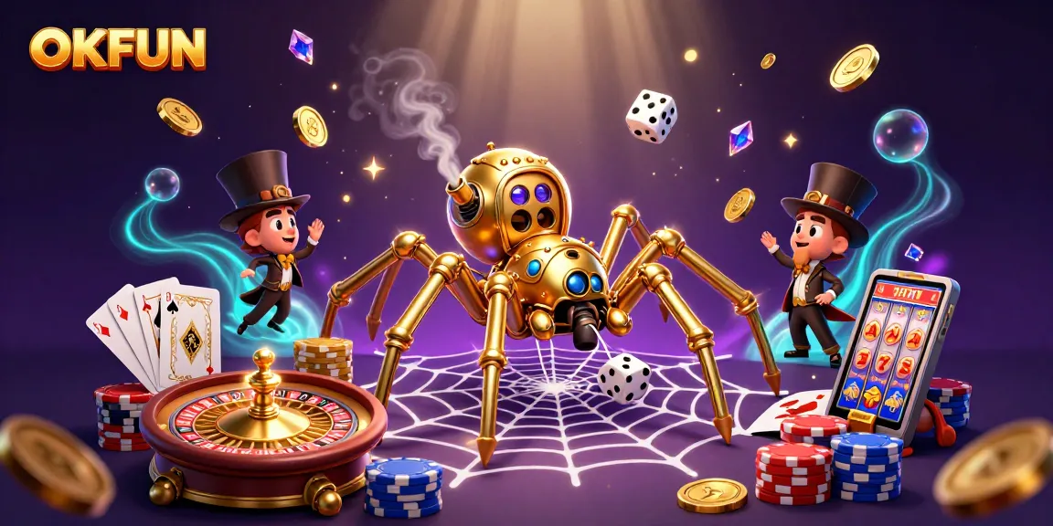 Engage with thrilling OKFUN gameplay as a steampunk spider captures dice amidst cascading treasures.