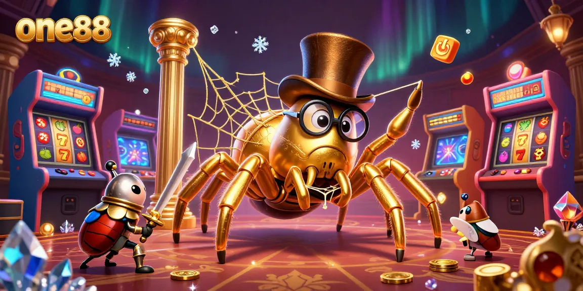 one88's exciting 3D casino scene showcasing a golden tarantula and beetle knight amid vibrant slot reels